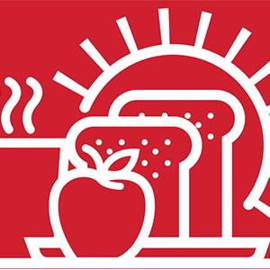 太阳，面包，苹果和咖啡杯的红色背景图标
